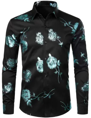 Men's Casual Rose Floral Print Button Up Long Sleeve Dress Shirt