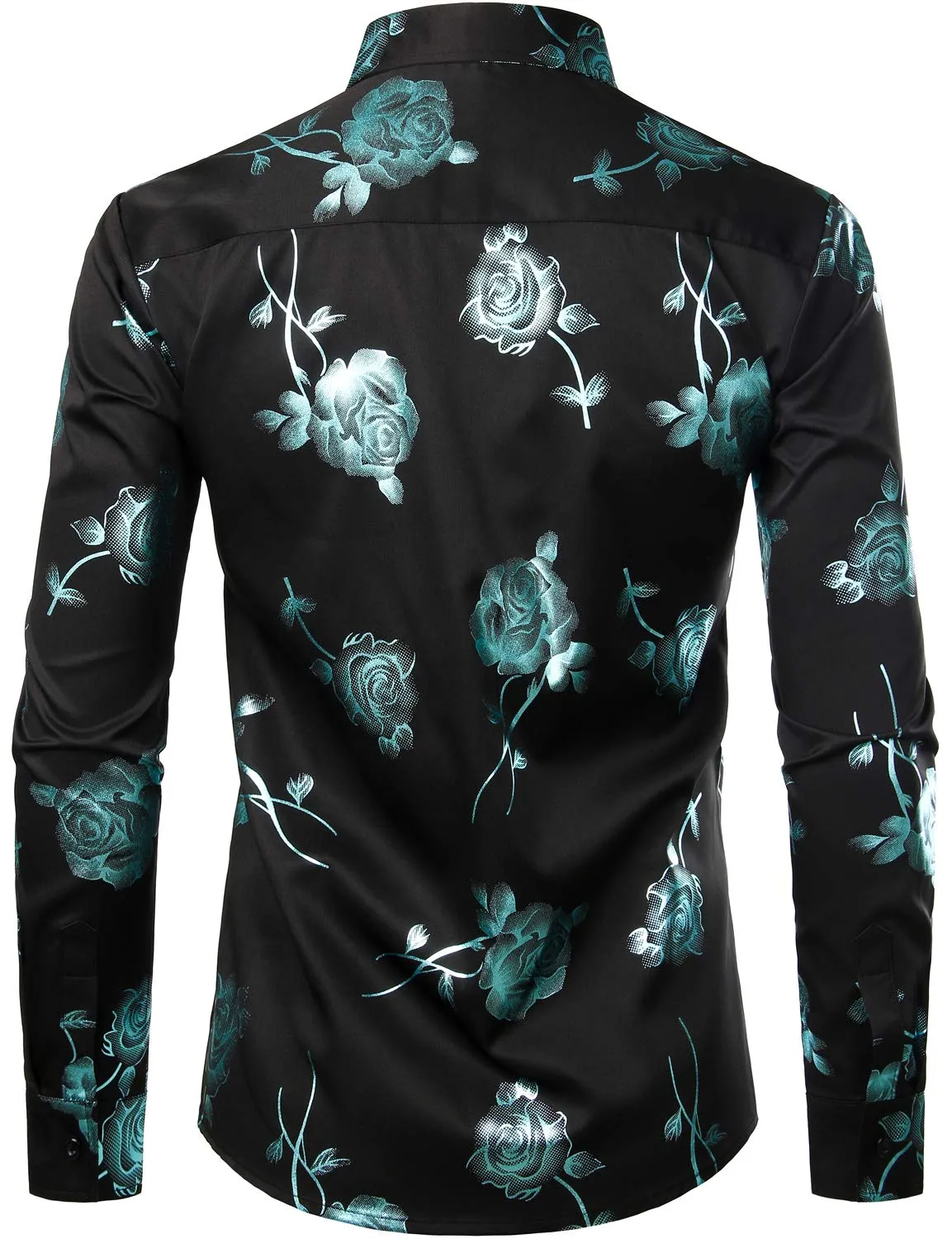 Men's Casual Rose Floral Print Button Up Long Sleeve Dress Shirt