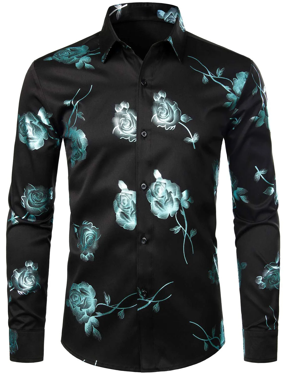 Men's Casual Rose Floral Print Button Up Long Sleeve Dress Shirt