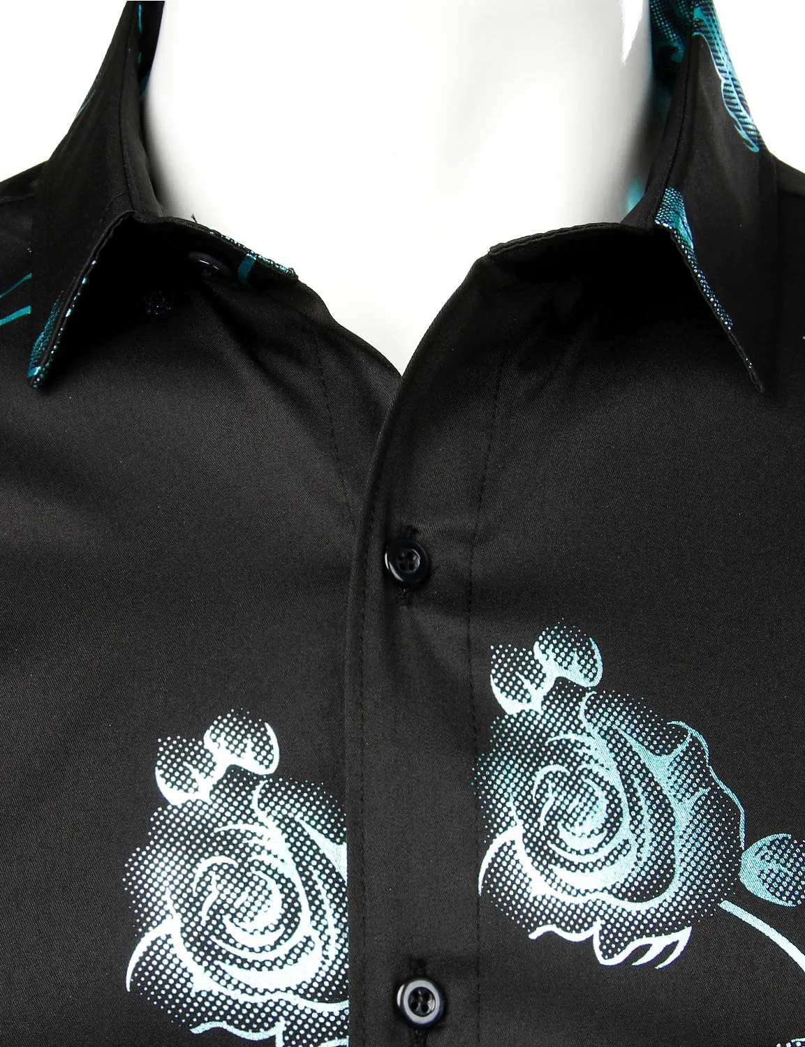 Men's Casual Rose Floral Print Button Up Long Sleeve Dress Shirt