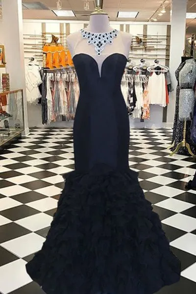 Mermaid Jewel Illusion Back Sweep Train Tiered Black Prom Dress with Beading P94