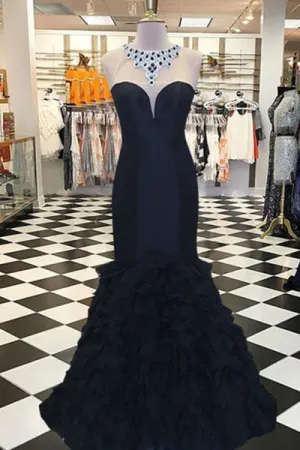 Mermaid Jewel Illusion Back Sweep Train Tiered Black Prom Dress with Beading P94