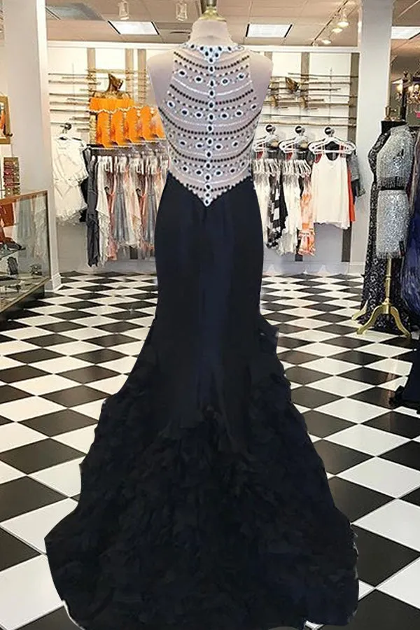 Mermaid Jewel Illusion Back Sweep Train Tiered Black Prom Dress with Beading P94
