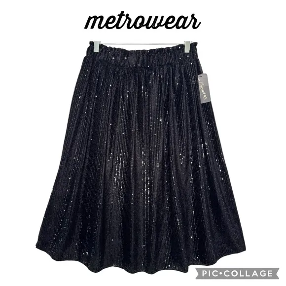 Metrowear Elastic waist black sequins A line midi skirt size M NWT