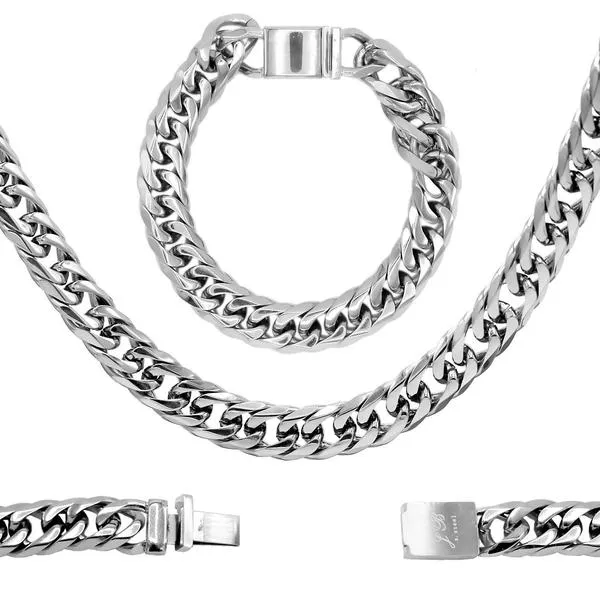 Miami Cuban Link Necklace Bracelet Stainless Steel Set