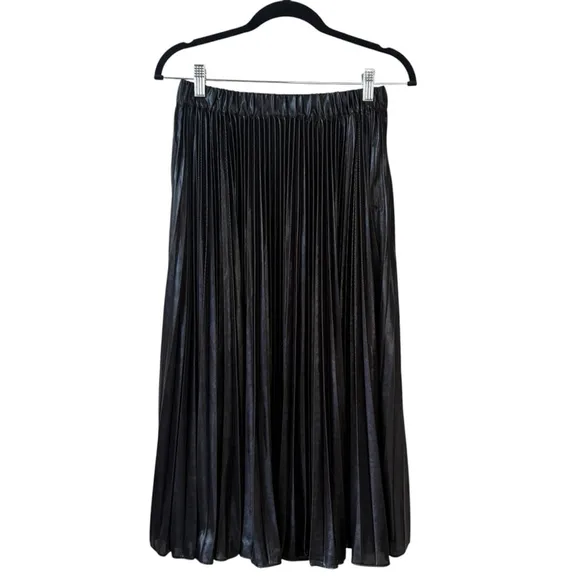 Michael Kors Shiny Black Pleated Unlined Elastic Waist Midi Boot Skirt SIZE XS