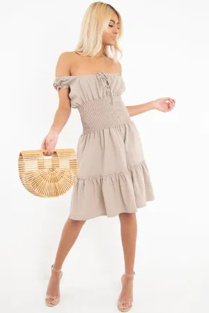 Mocha Ruched Tie Front Skater Dress - Zakara
