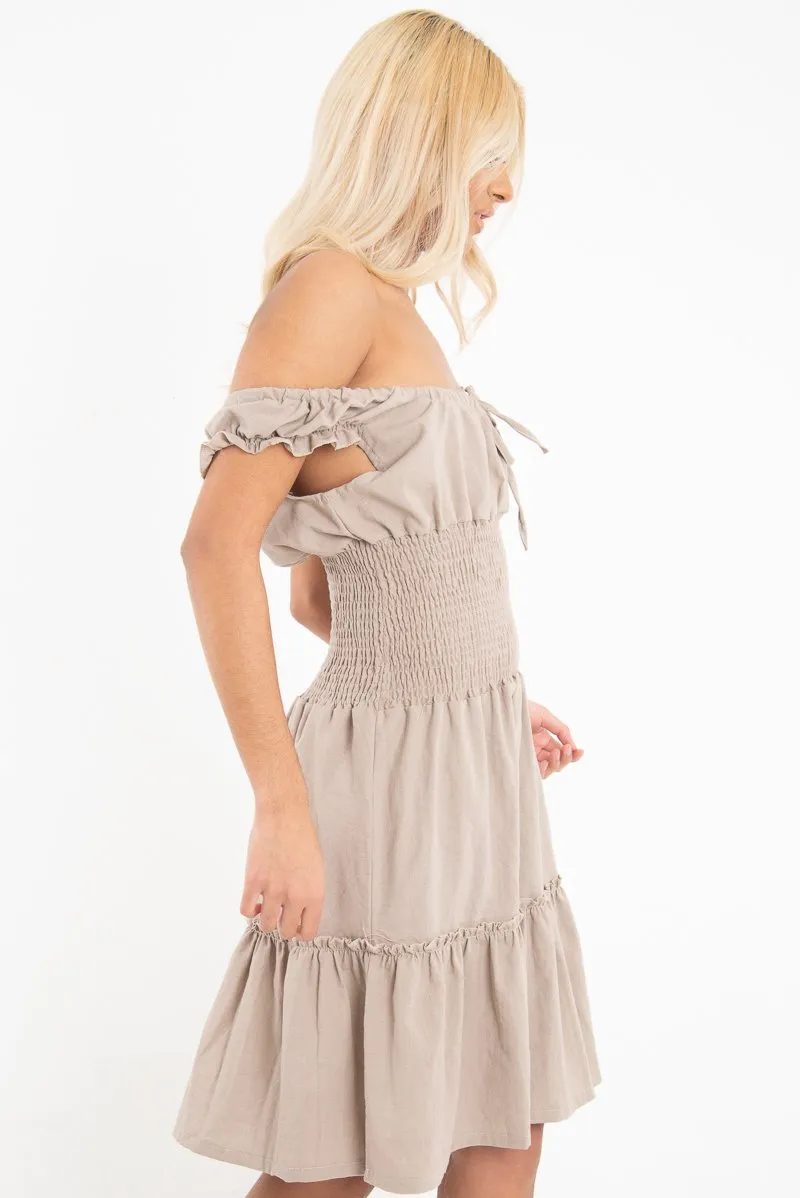 Mocha Ruched Tie Front Skater Dress - Zakara