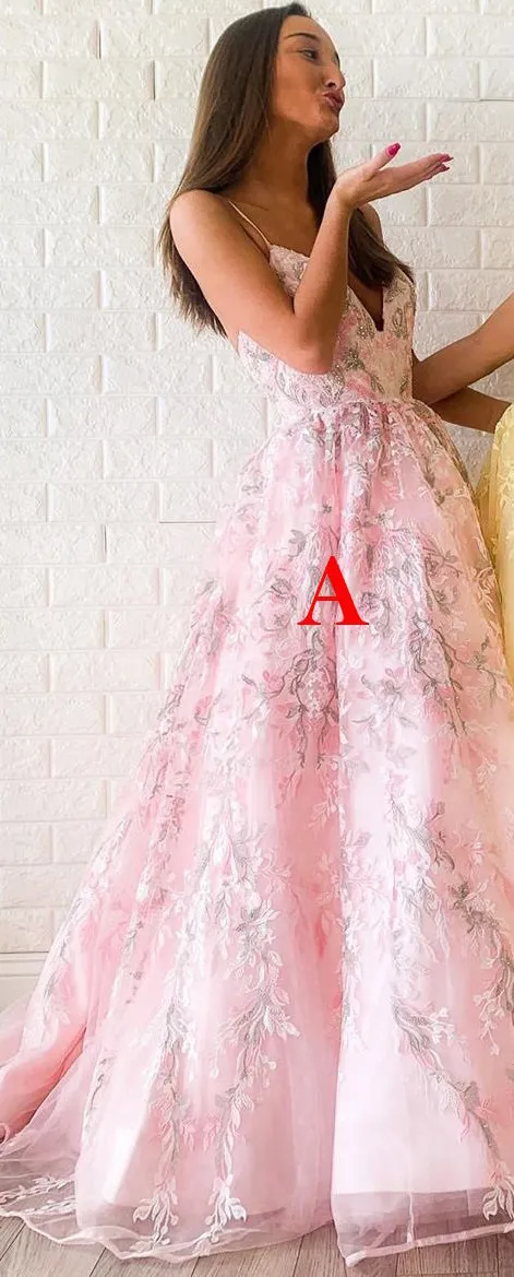 Modest A-line V Neck Tulle Appliques Sleeveless Long Lace Prom Dress OHC448