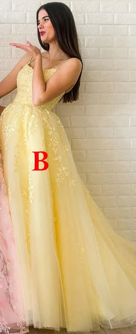 Modest A-line V Neck Tulle Appliques Sleeveless Long Lace Prom Dress OHC448