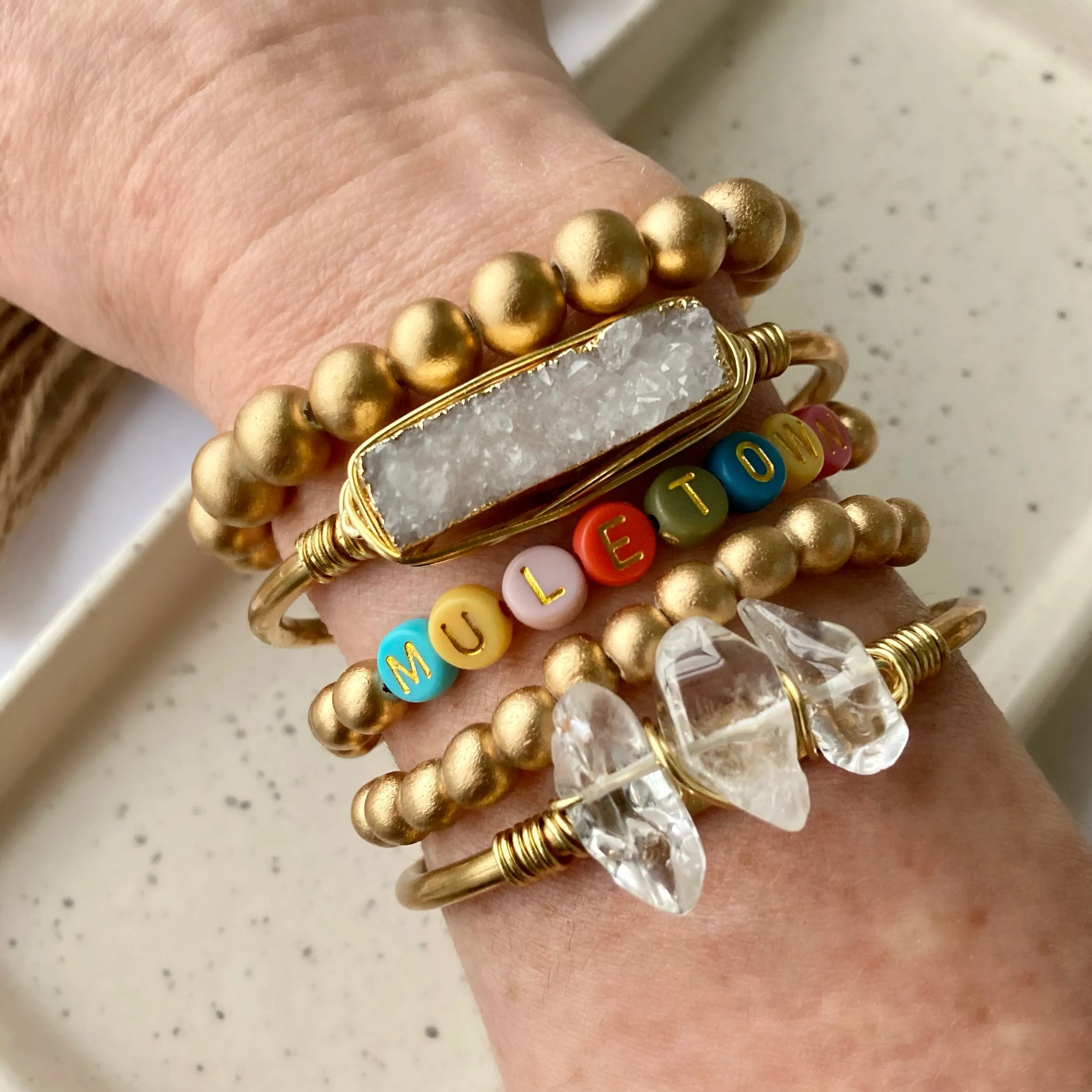 MULETOWN BRACELET | Gold Wood | Multi-color/Gold Lettering
