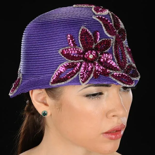 NA1025-Purple Dress Hat with Sequins Flower Design