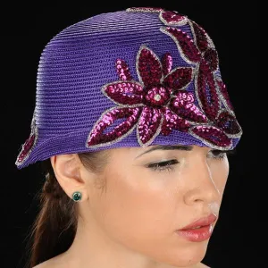 NA1025-Purple Dress Hat with Sequins Flower Design