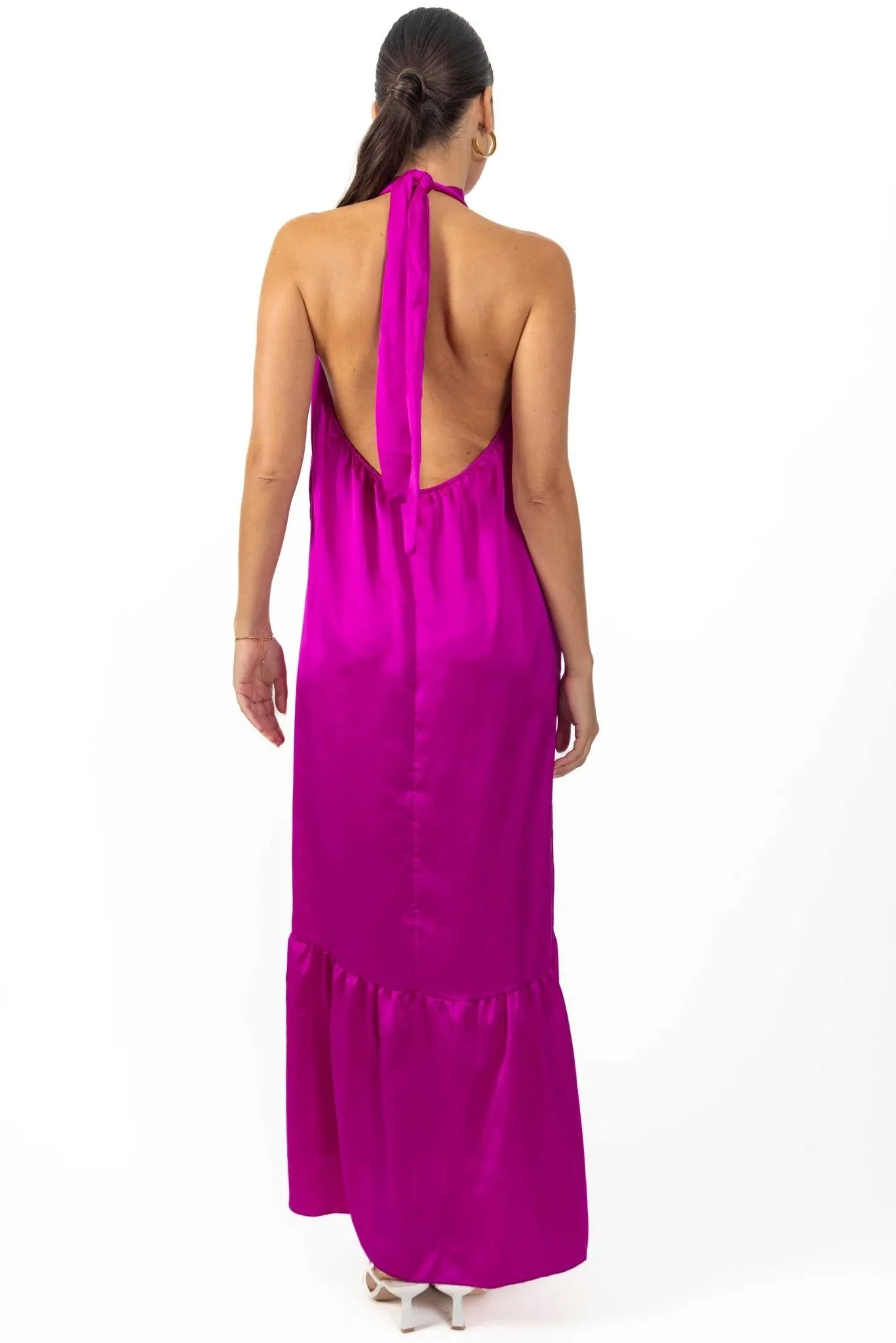 Nalory Satin Silk Backless Maxi Dress In Magenta
