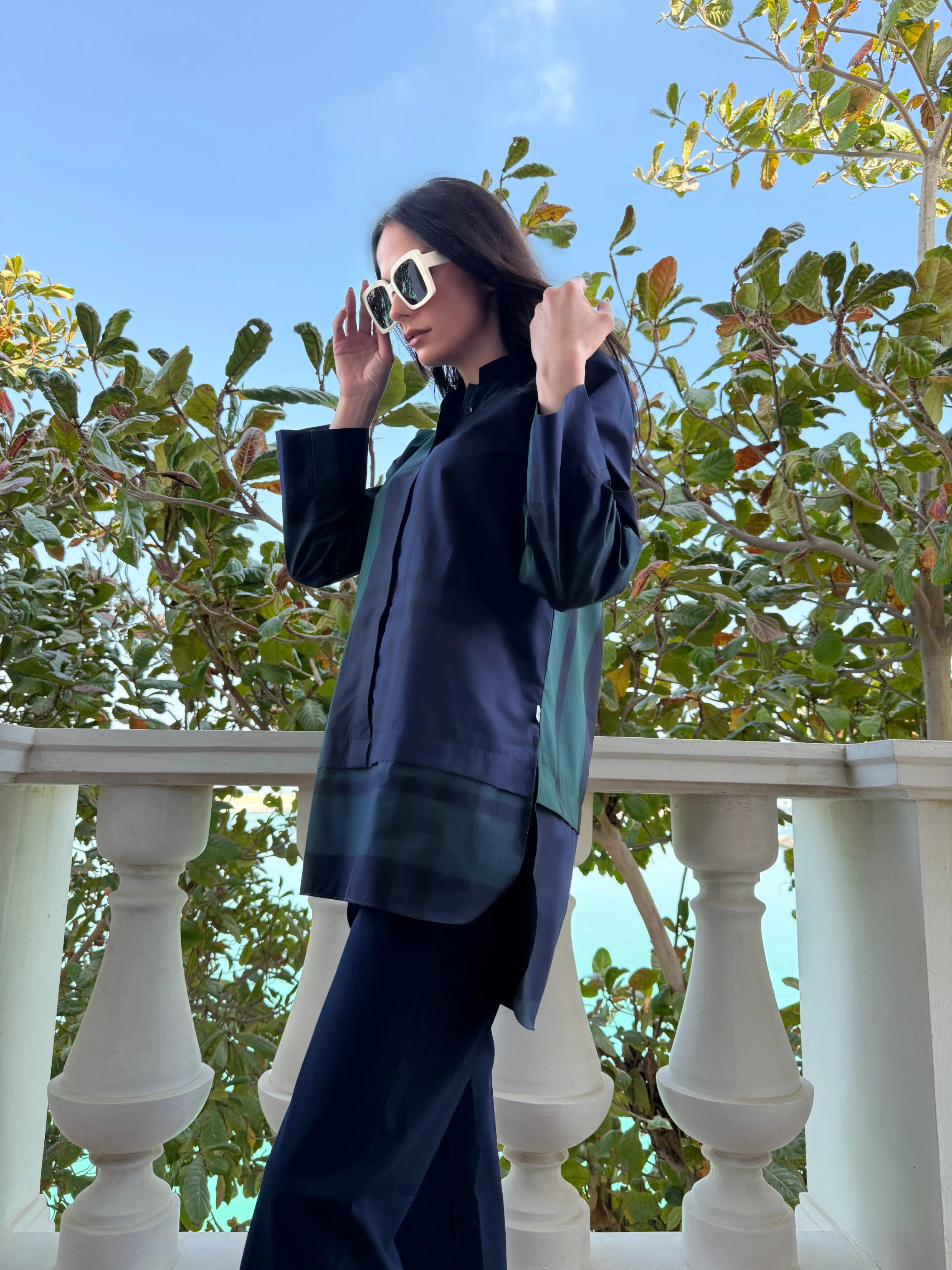 Navy and Green Checkered Print Classic Tunic