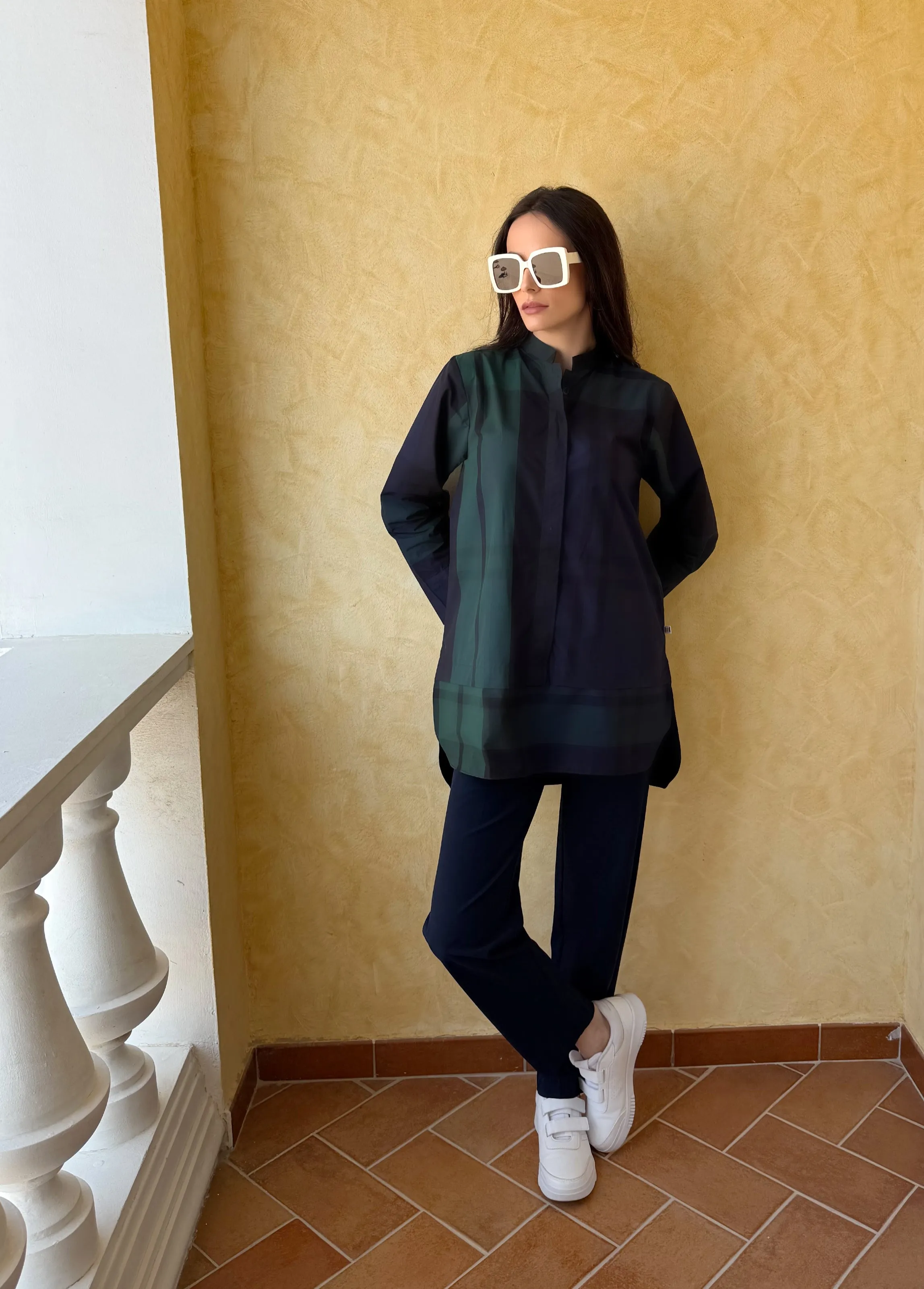 Navy and Green Checkered Print Classic Tunic
