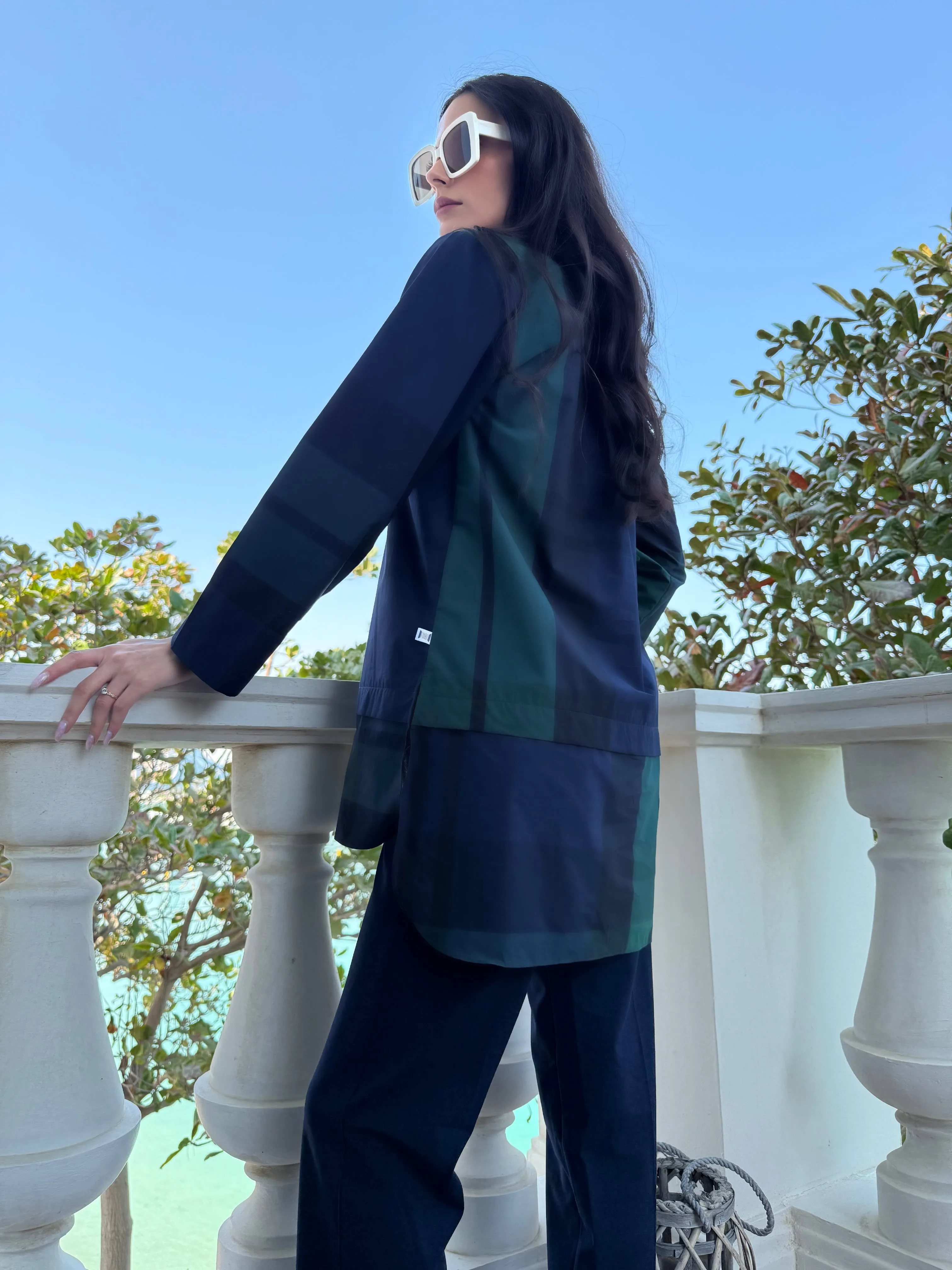 Navy and Green Checkered Print Classic Tunic