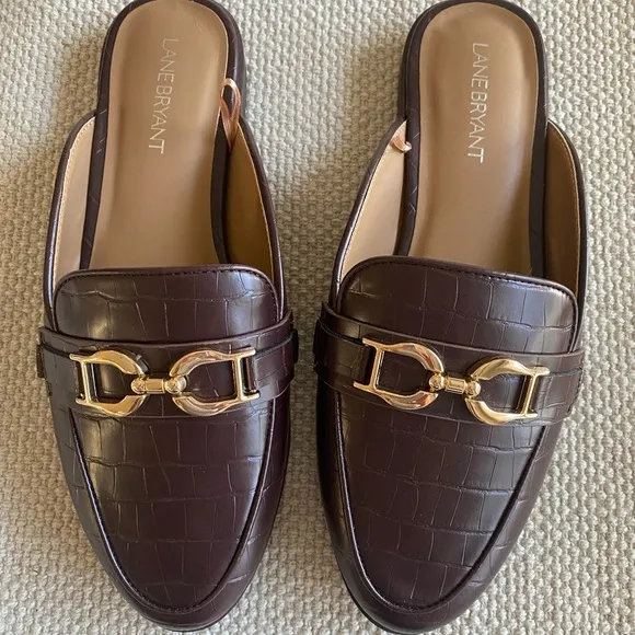NWOT Lane Bryant Faux Leather Mule Brown Croc Horsebit Gold-Tone Hardware Sz 8W