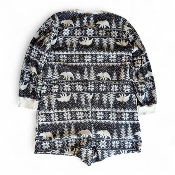 Old Navy Gray Bear Fair Isle Christmas Fleece Henley Pajama Romper Women L NWOT