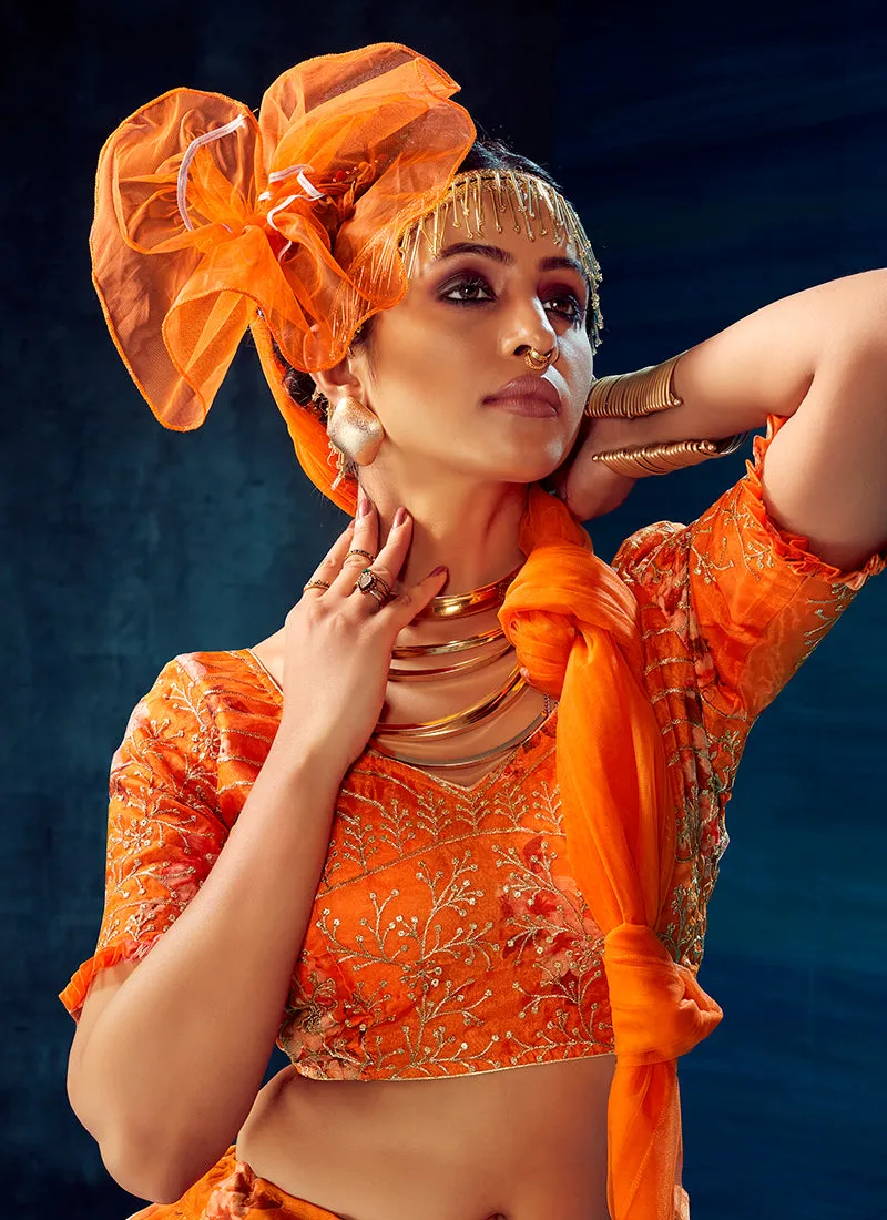 Orange Sequence Embroidered Festive Lehenga Choli