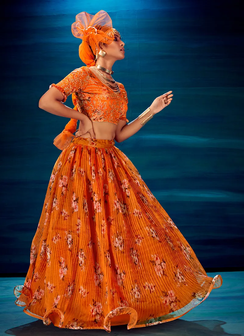 Orange Sequence Embroidered Festive Lehenga Choli