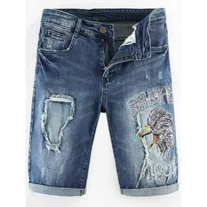 Patched Embroidery Eagle Casual Denim Shorts - Windows Blue 34