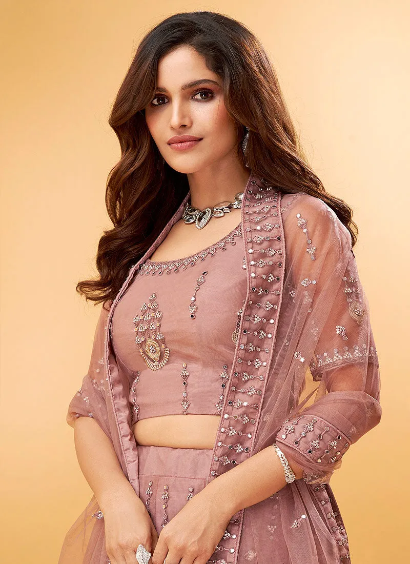 Peach Mirror Work Embroidered Wedding Lehenga Choli