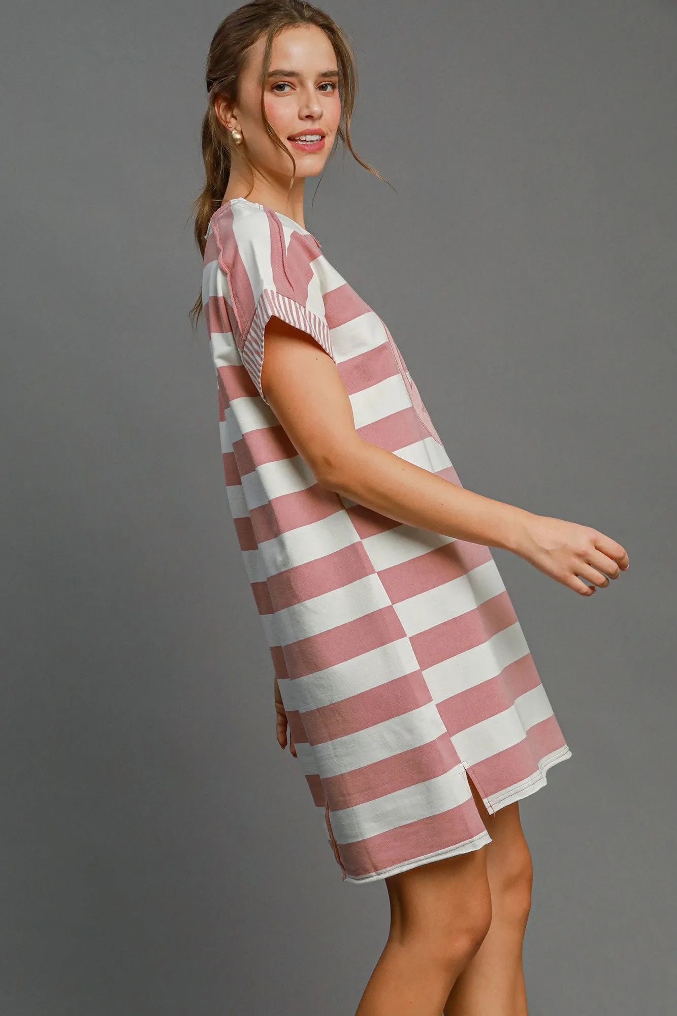Pink Peace Applique Striped Short Sleeve Mini Dress
