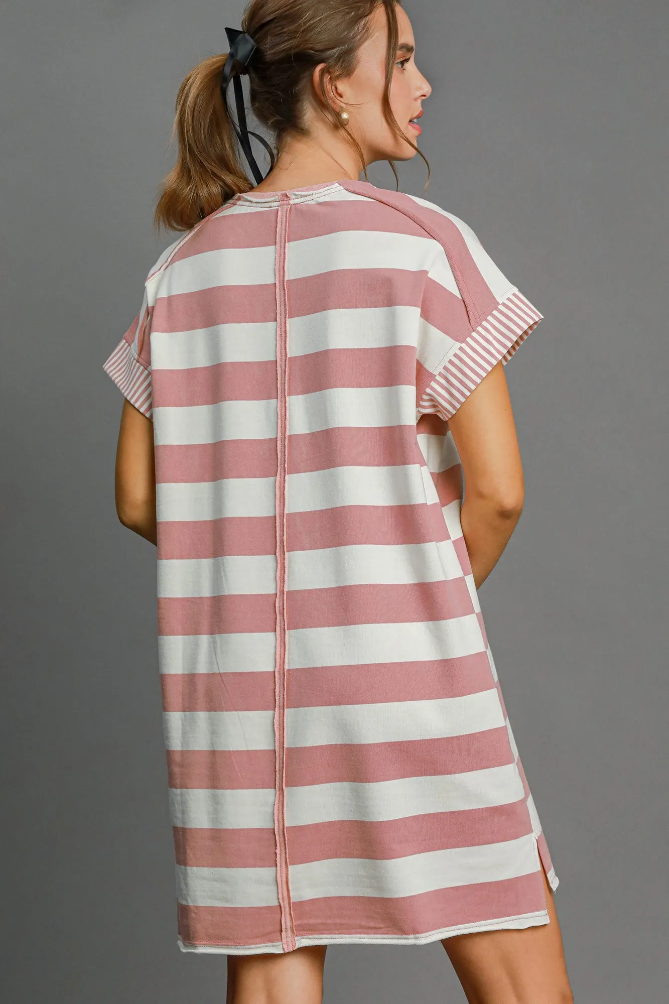 Pink Peace Applique Striped Short Sleeve Mini Dress