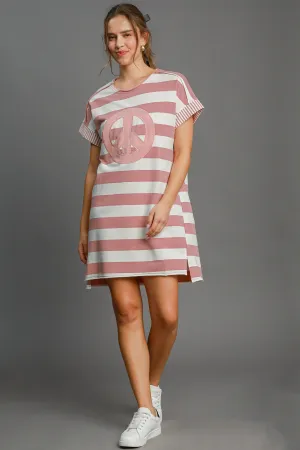 Pink Peace Applique Striped Short Sleeve Mini Dress
