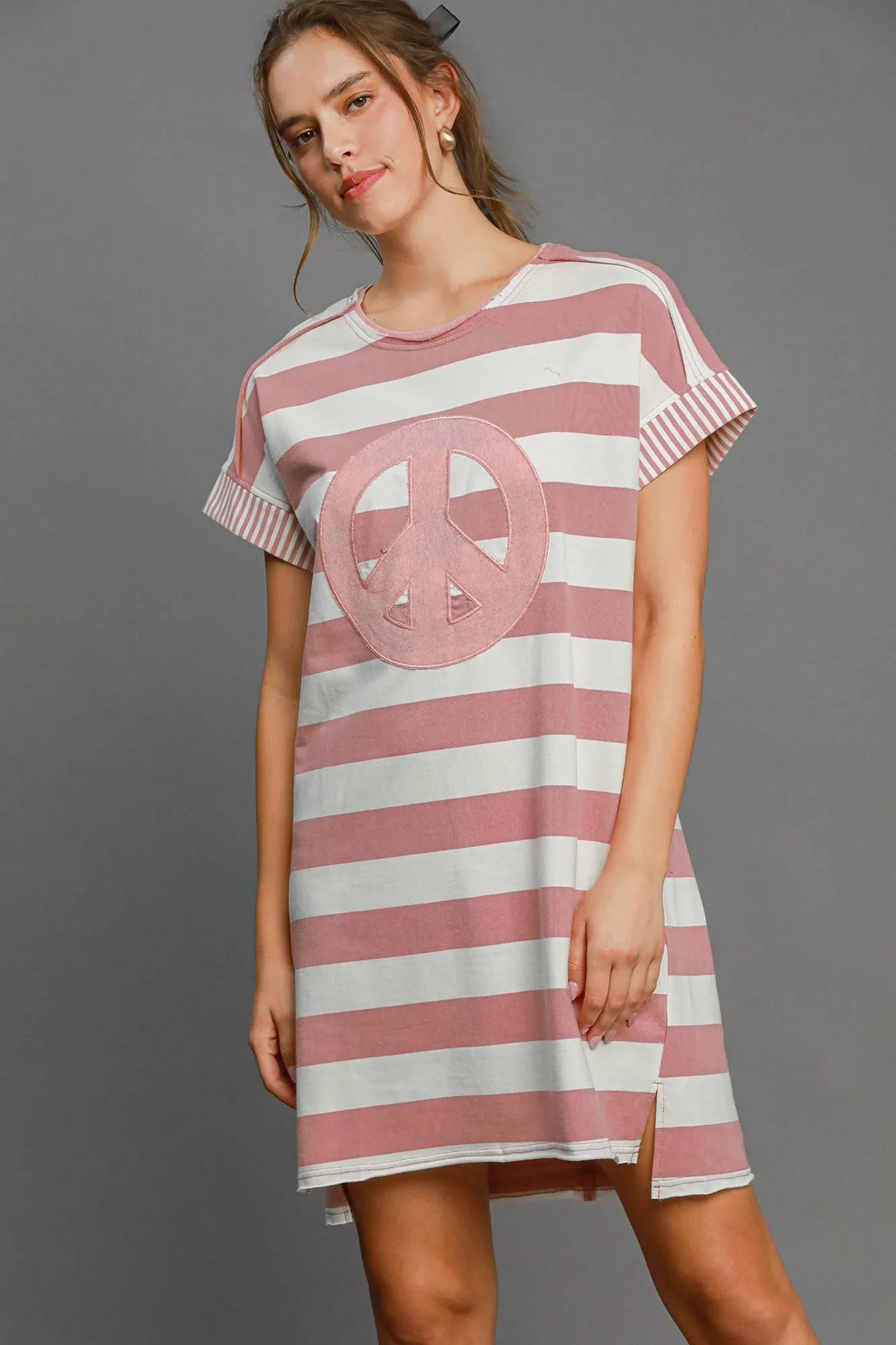 Pink Peace Applique Striped Short Sleeve Mini Dress