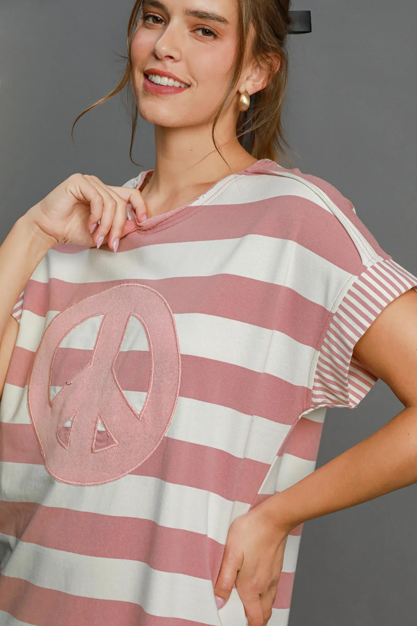 Pink Peace Applique Striped Short Sleeve Mini Dress