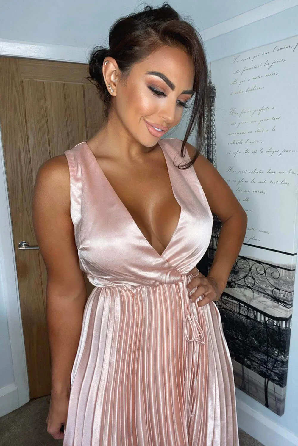 Pink Satin Pleated Wrap Dress