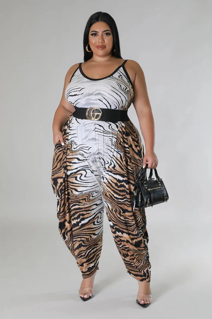 Plus   Curve Tiger Print Pocketed Oversized Brown/White Jumpsuit