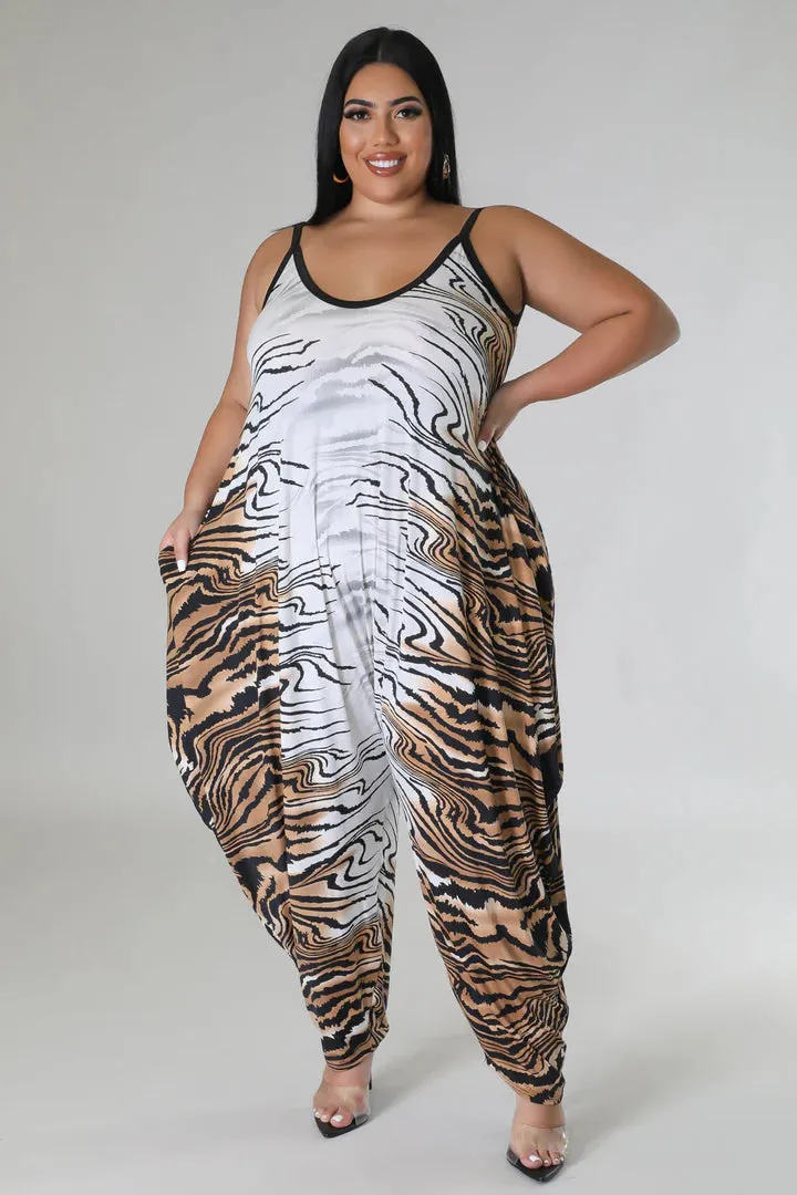 Plus   Curve Tiger Print Pocketed Oversized Brown/White Jumpsuit