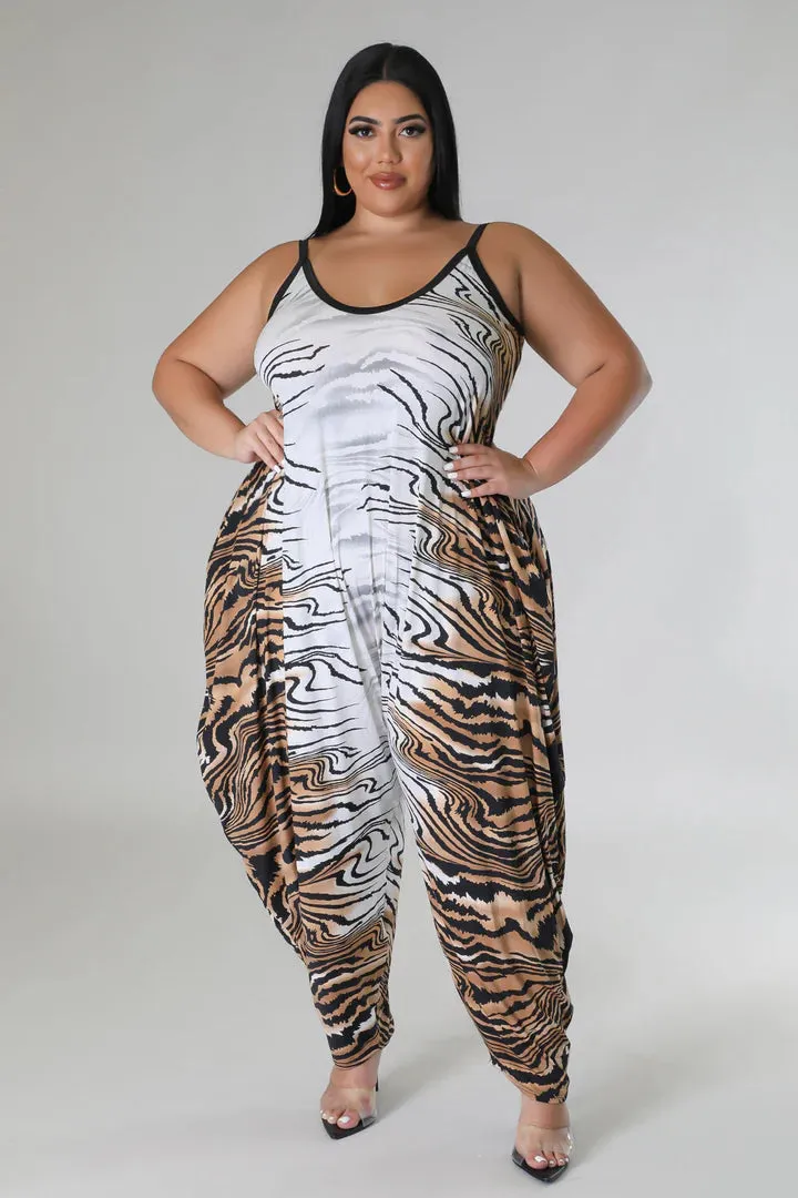 Plus   Curve Tiger Print Pocketed Oversized Brown/White Jumpsuit