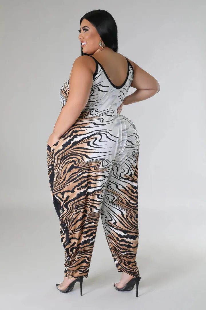 Plus   Curve Tiger Print Pocketed Oversized Brown/White Jumpsuit