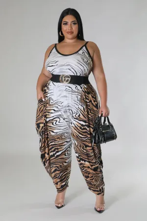 Plus   Curve Tiger Print Pocketed Oversized Brown/White Jumpsuit