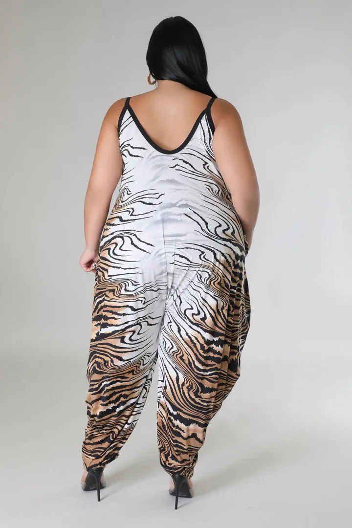 Plus   Curve Tiger Print Pocketed Oversized Brown/White Jumpsuit
