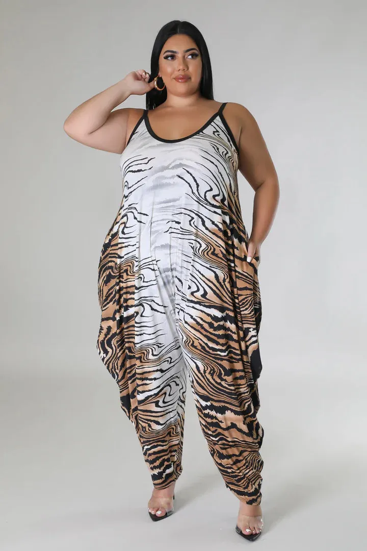 Plus   Curve Tiger Print Pocketed Oversized Brown/White Jumpsuit