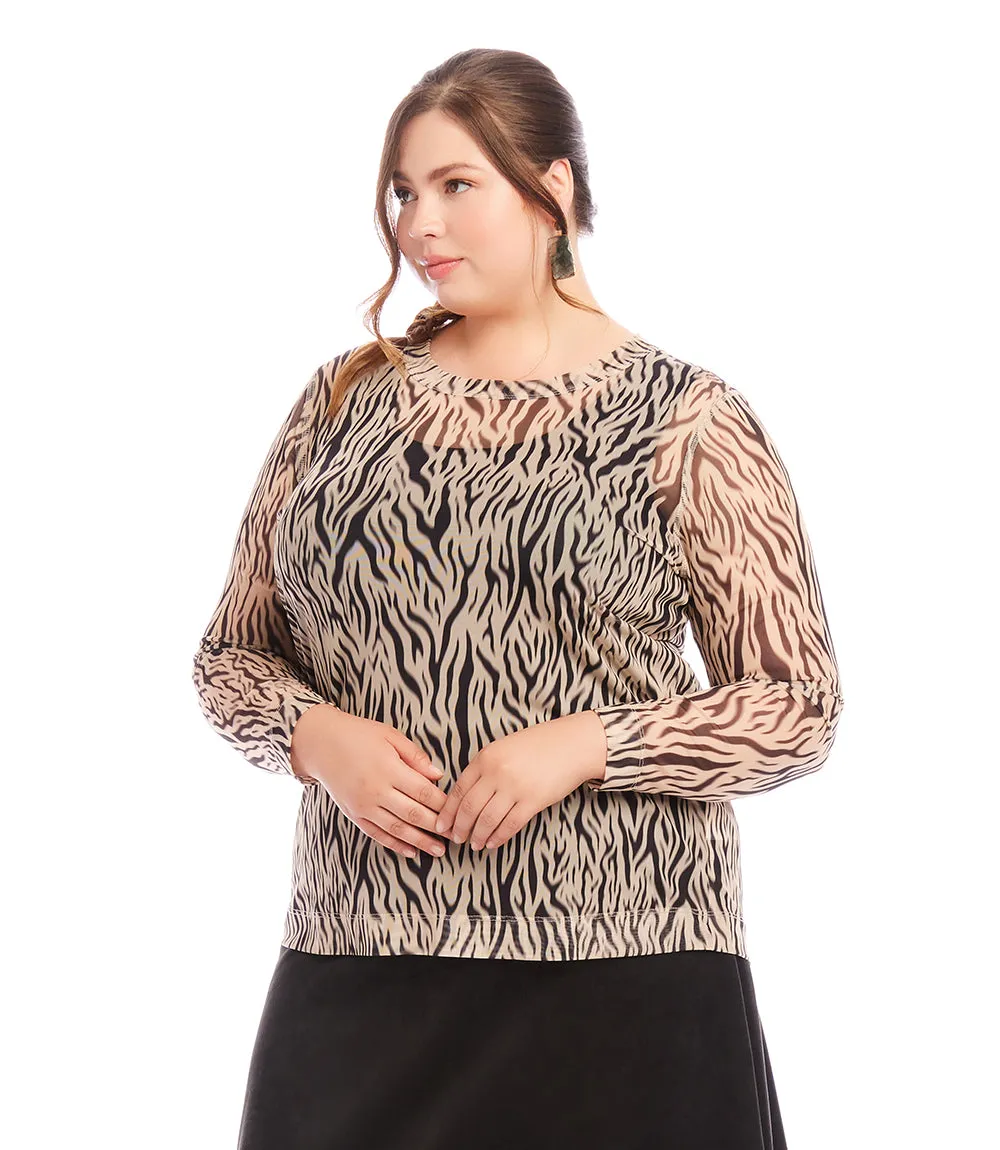Plus Size Long Sleeve Crew Neck Mesh Top