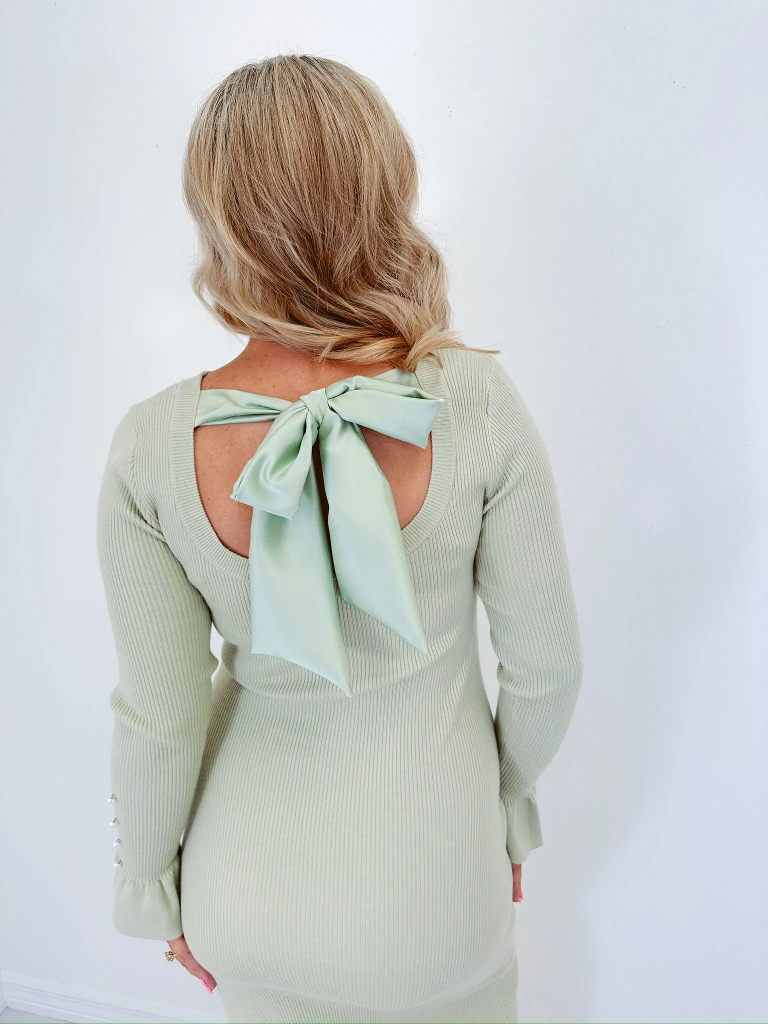 Princess Bow Back Maxi Sweater Dress - Light Sage