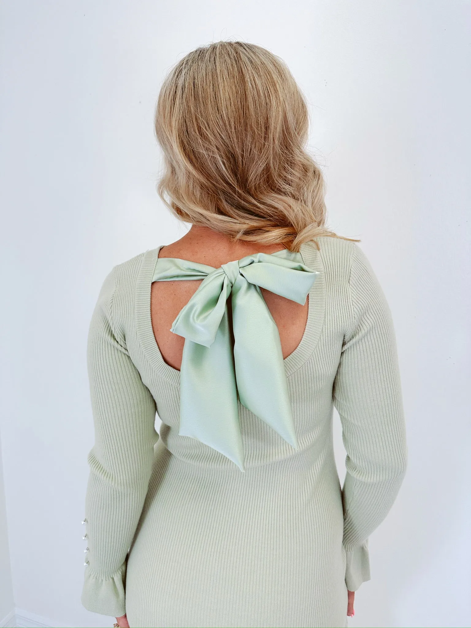 Princess Bow Back Maxi Sweater Dress - Light Sage