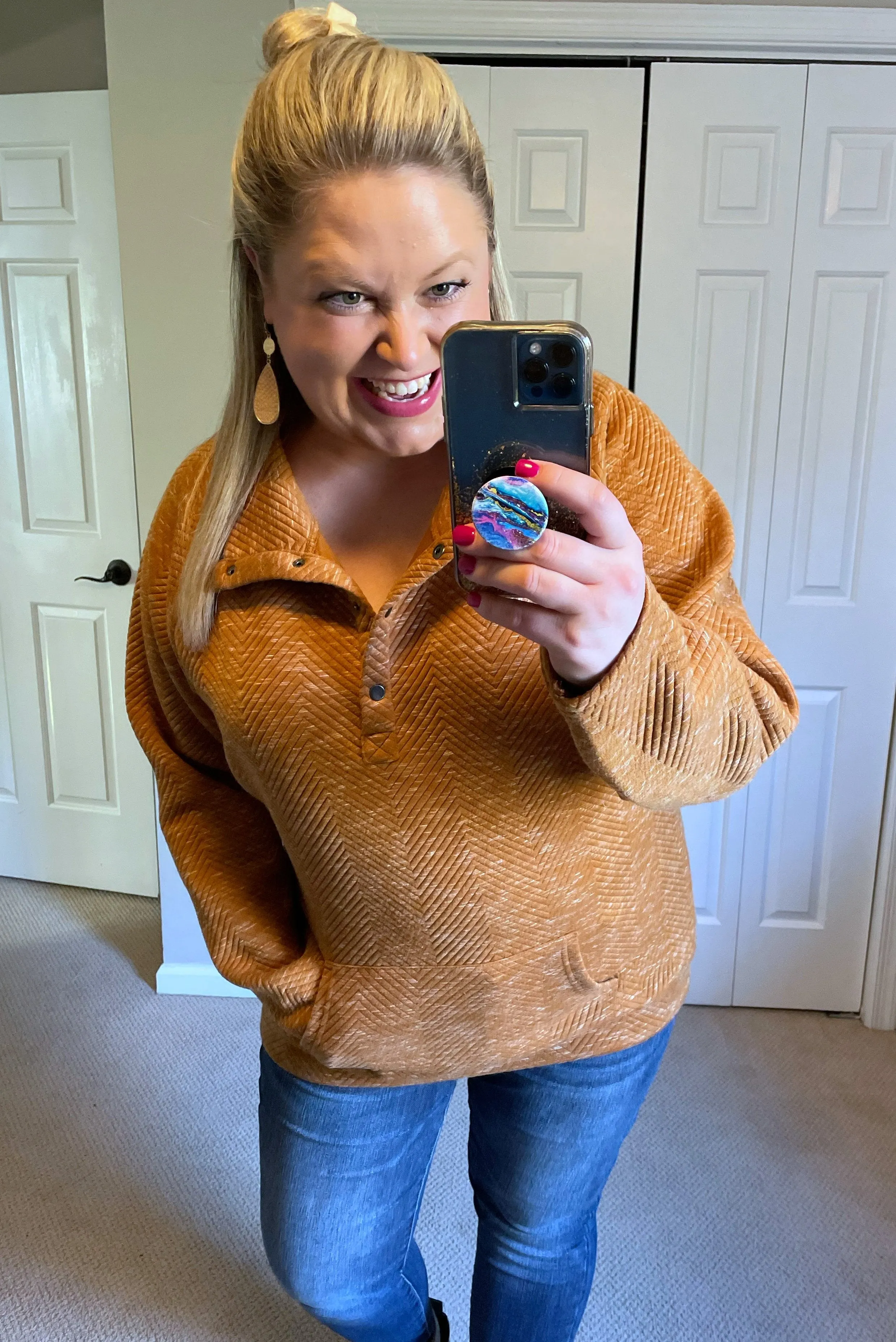 Quilted Snap Pullover in Camel