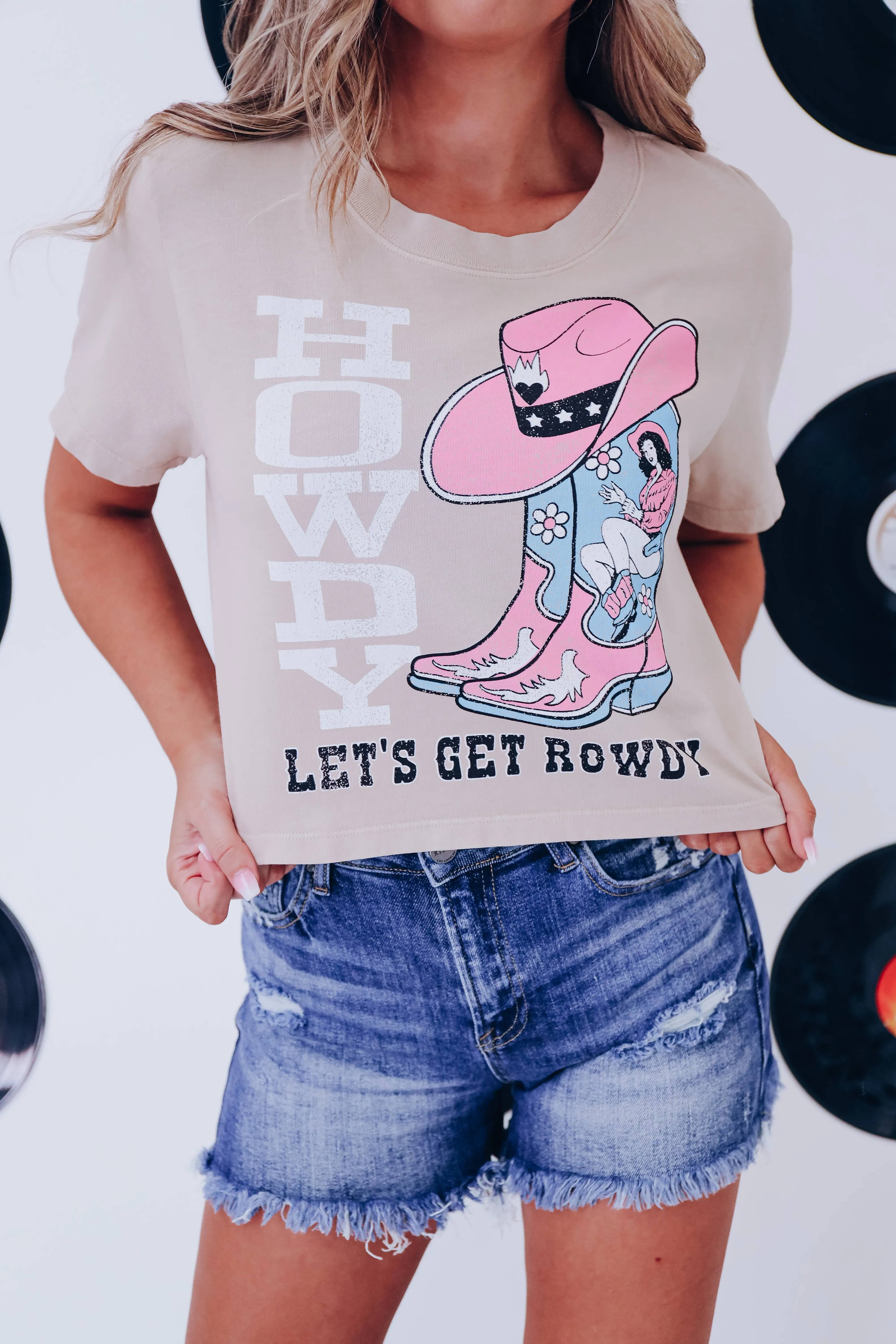 "Let's Get Rowdy" Cropped Graphic Top - Beige