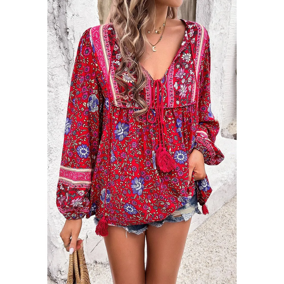 Red All Over Floral Print Cross Deep V Boho Top