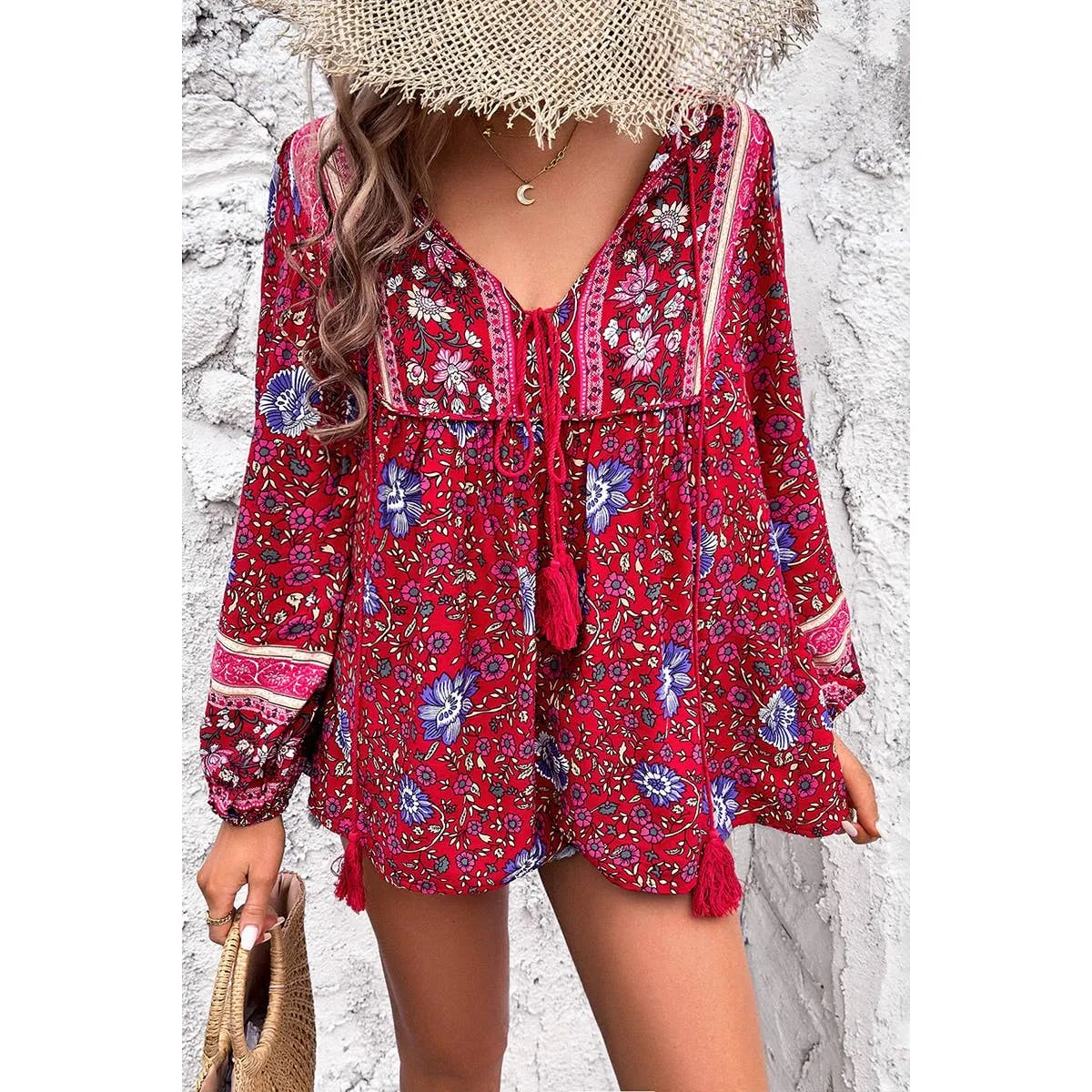 Red All Over Floral Print Cross Deep V Boho Top