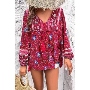 Red All Over Floral Print Cross Deep V Boho Top