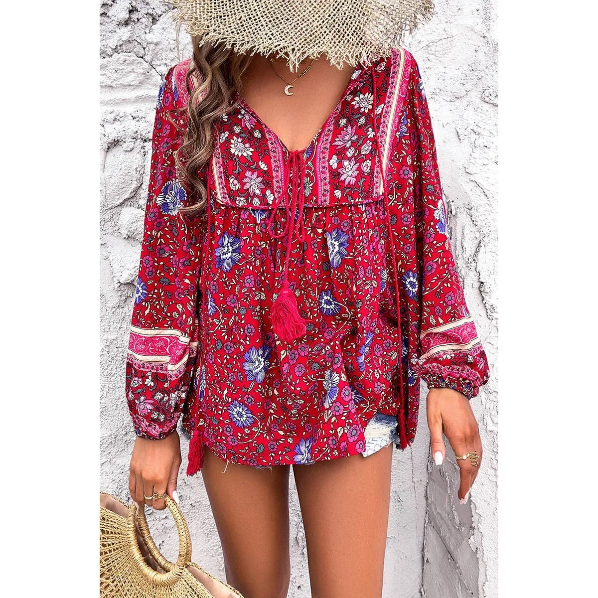 Red All Over Floral Print Cross Deep V Boho Top