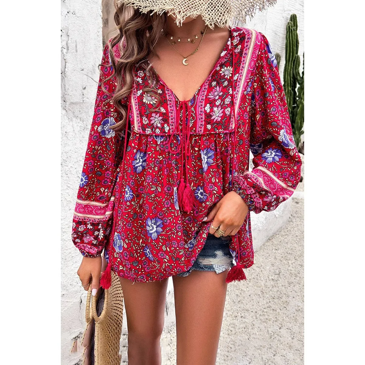 Red All Over Floral Print Cross Deep V Boho Top